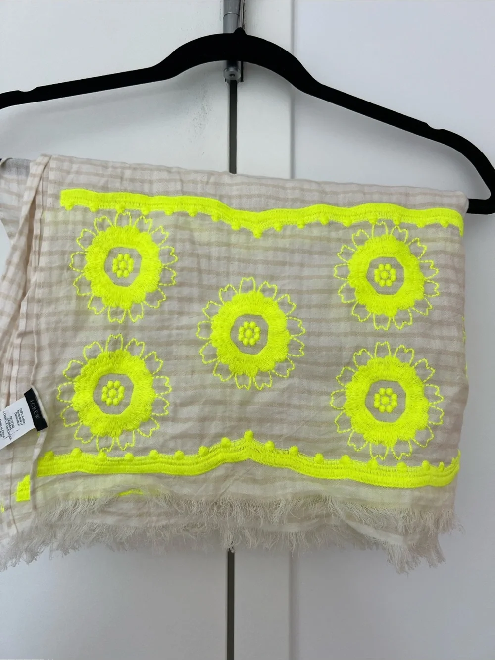 J. Crew Beige Scarf with Neon Yellow Floral Embroidery